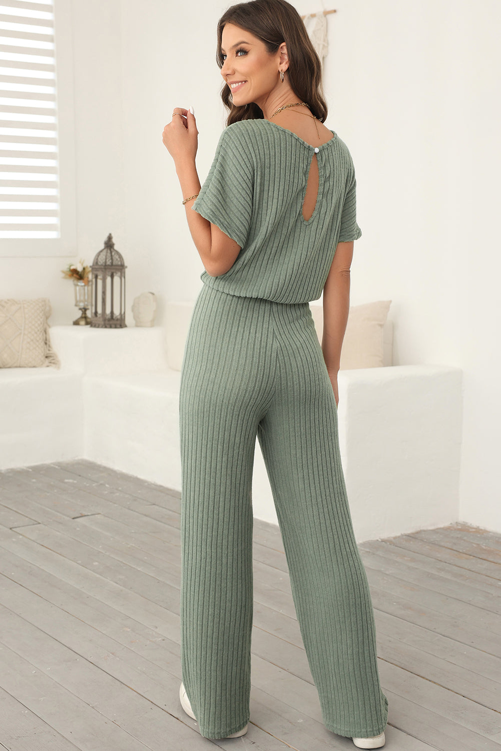 Mist Green Ribbed Keyhole Short Sleeve Wide Leg Jumpsuit