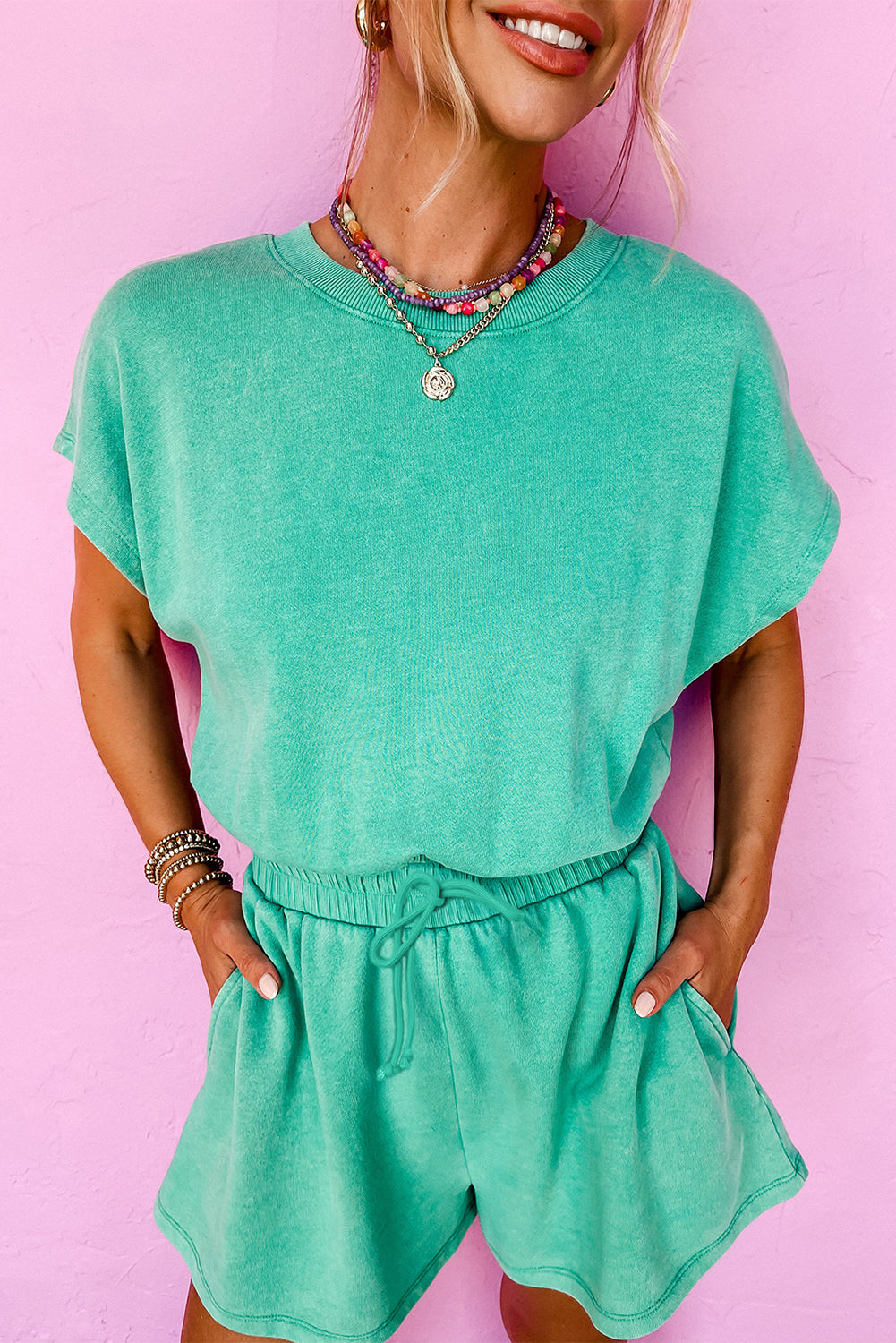 Mist Blue Mineral Wash Drawstring Elastic Waistband Hollow Out Back Short Sleeve Romper