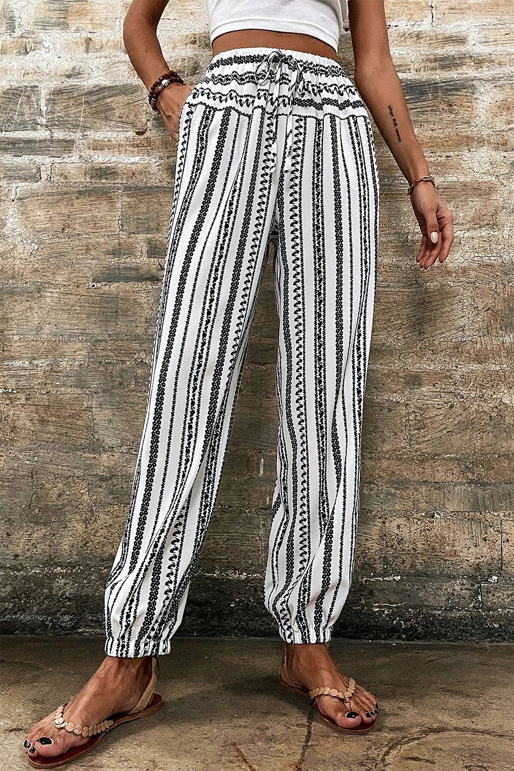 Black Stripe Boho Print Drawstring Elastic Waistband Casual Joggers