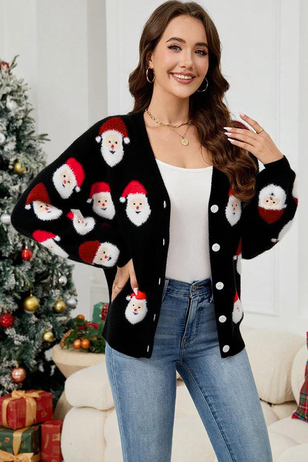 Pink Christmas Santa Claus Pattern Button V Neck Sweater Cardigan