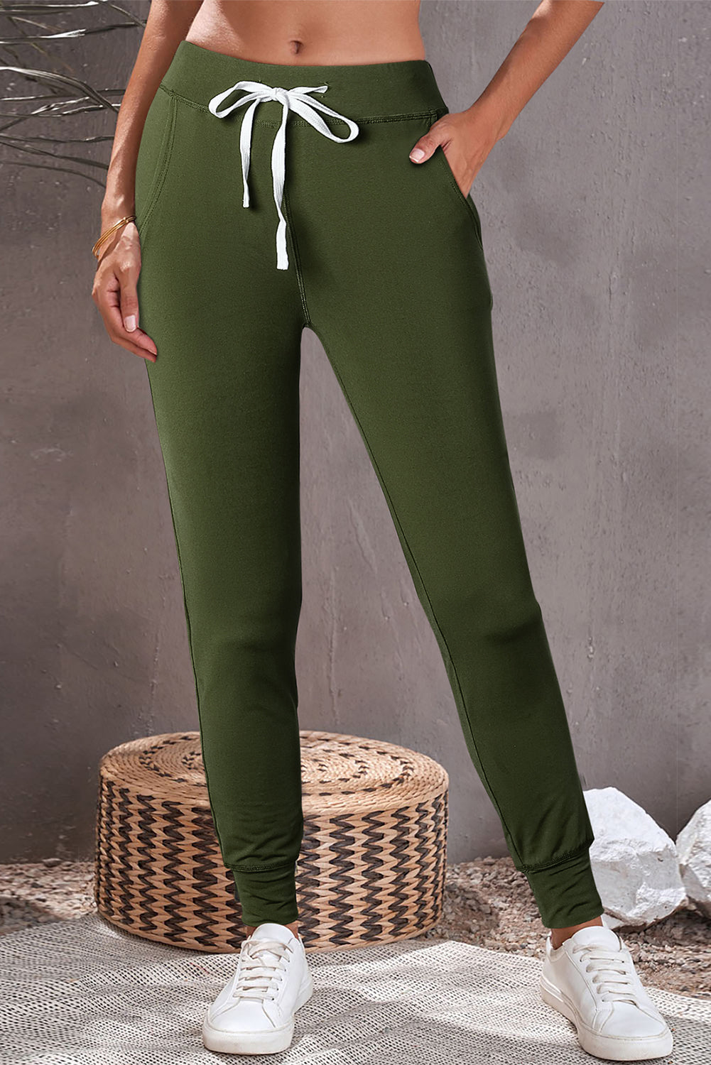 Dark Brown Drawstring Elastic Waistband Pocketed Joggers