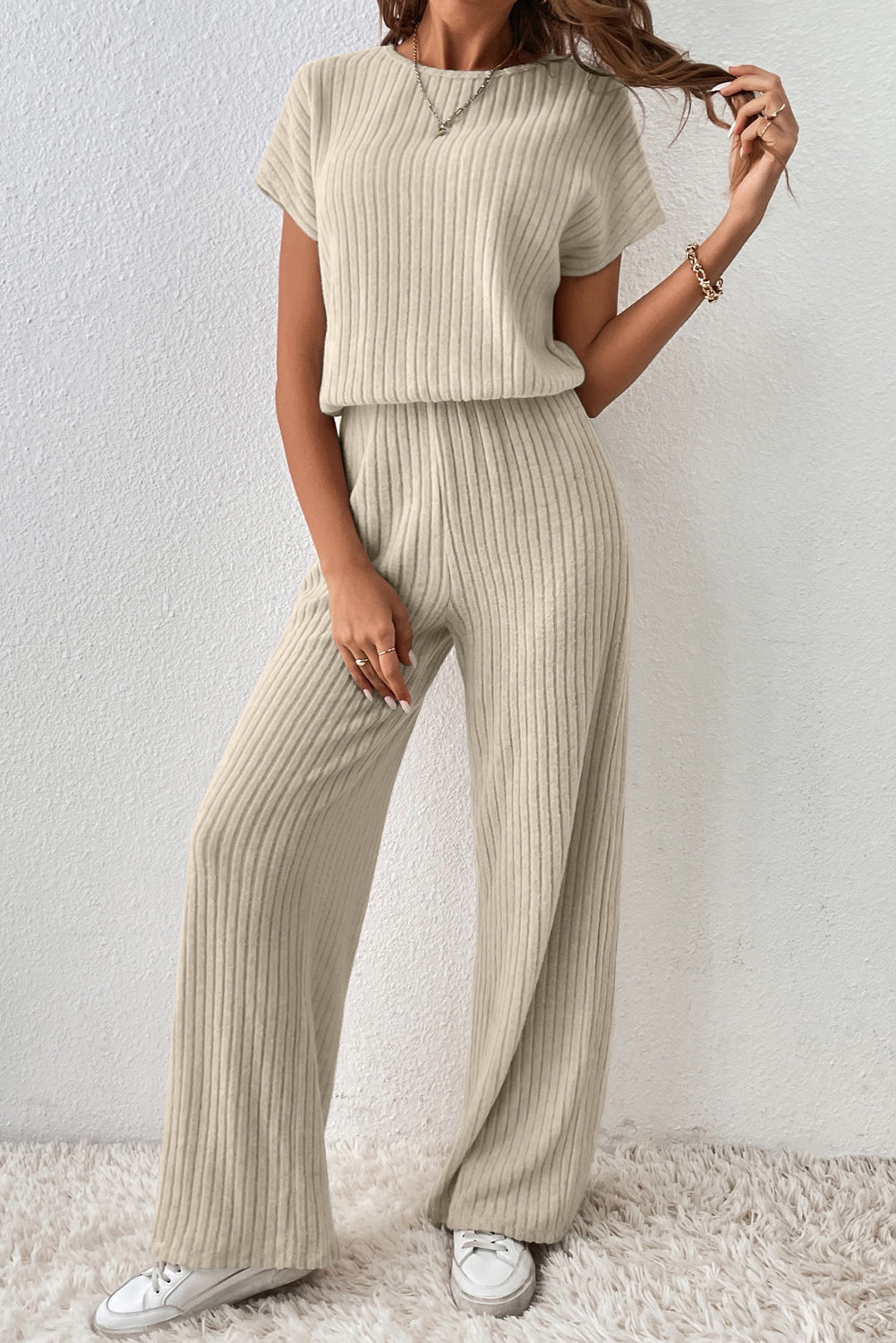Mist Green Ribbed Keyhole Short Sleeve Wide Leg Jumpsuit