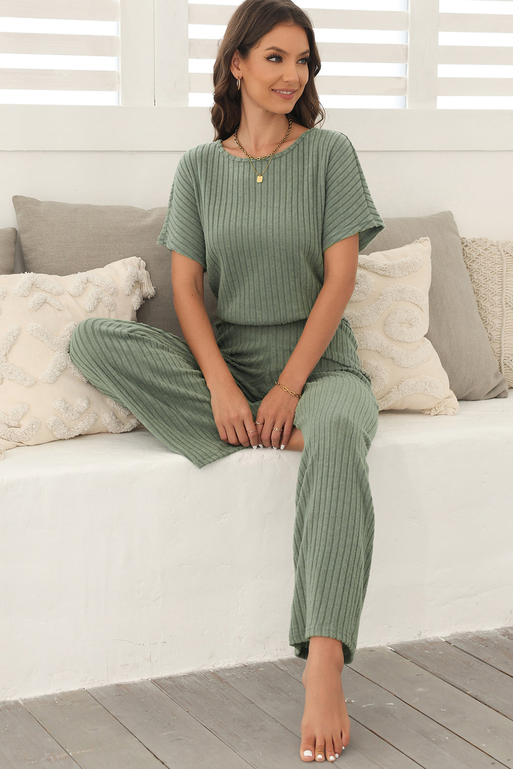 Mist Green Ribbed Keyhole Short Sleeve Wide Leg Jumpsuit