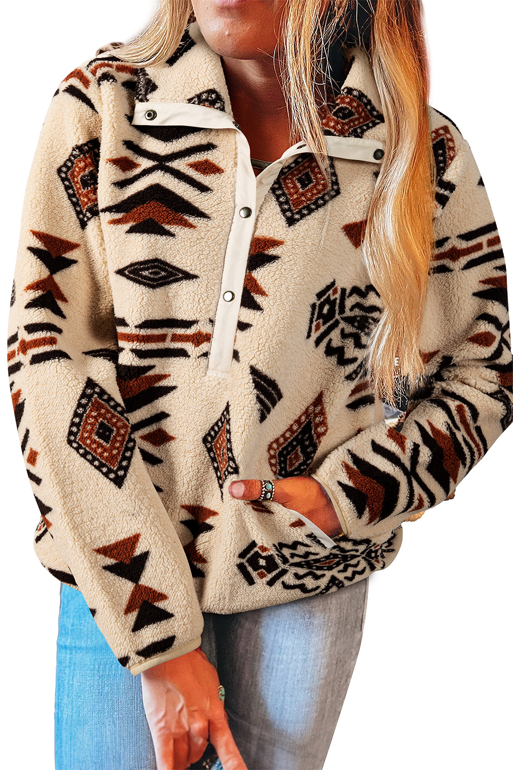 Khaki Western Aztec Half Placket Plush Sweatshirt