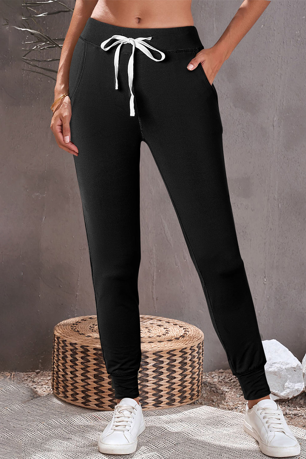Dark Brown Drawstring Elastic Waistband Pocketed Joggers