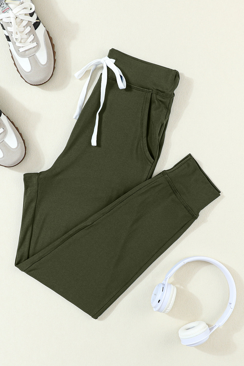 Dark Brown Drawstring Elastic Waistband Pocketed Joggers