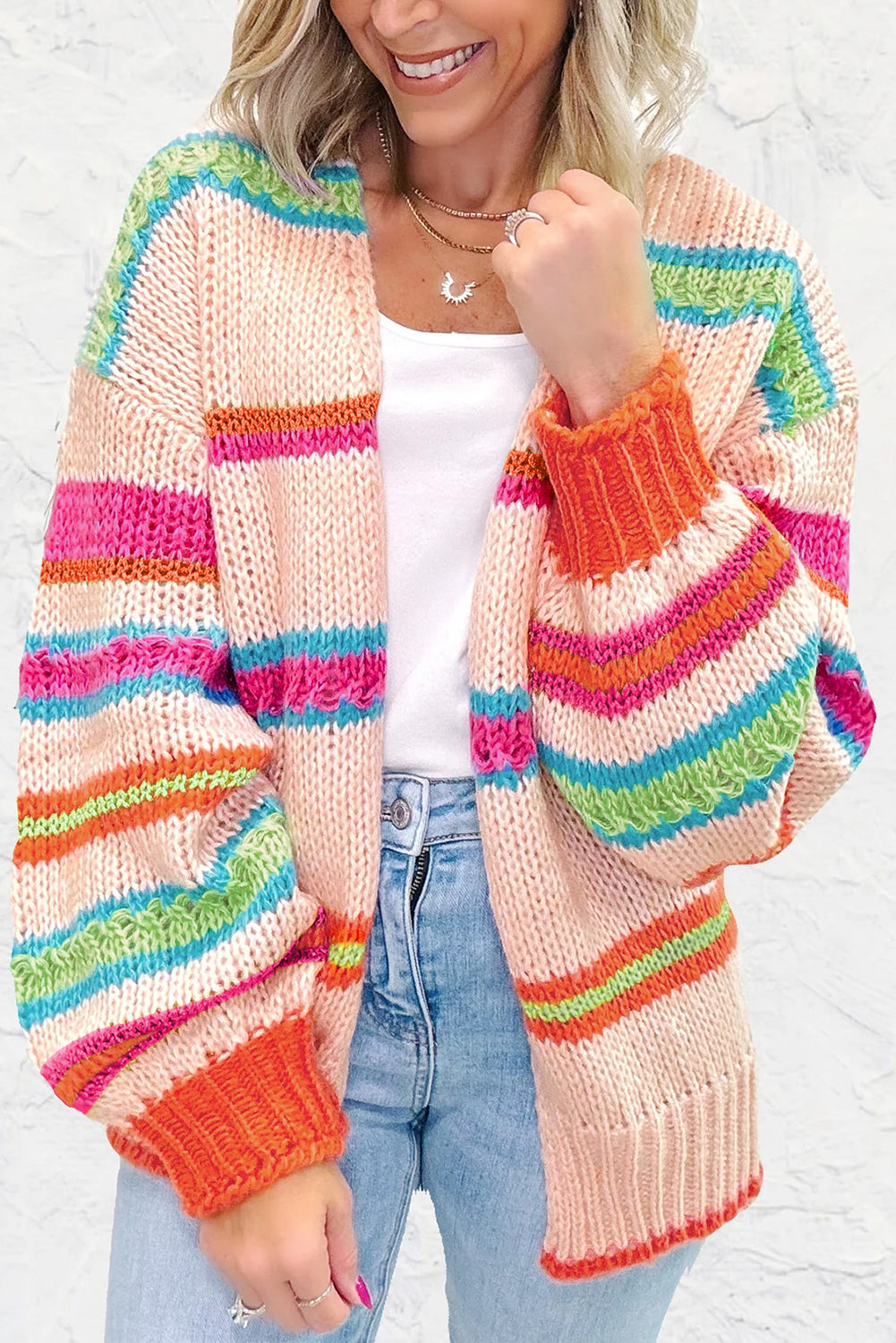 Multicolour Open Front Striped Pattern Knit Oversize Cardigan