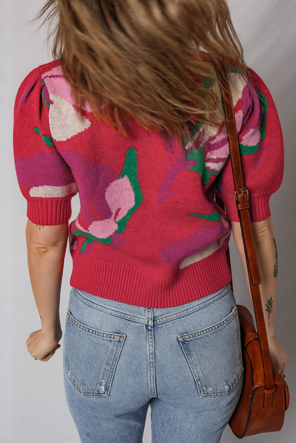Red Floral Abstract Print Short Puff Sleeve Sweater