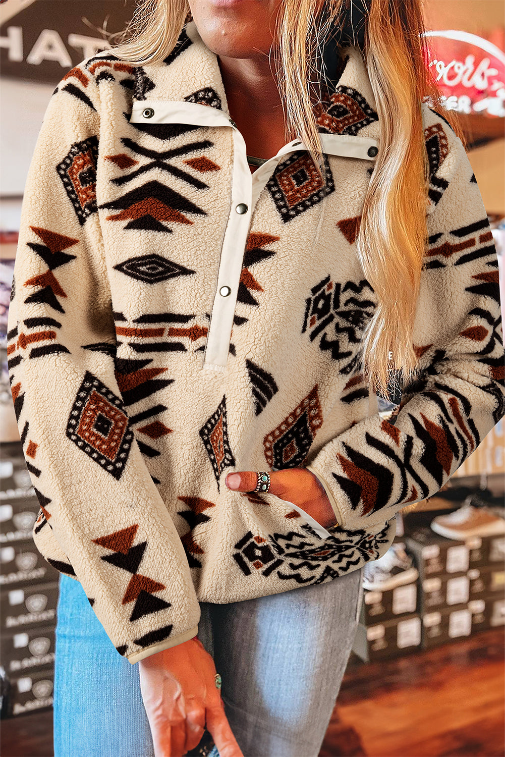 Khaki Western Aztec Half Placket Plush Sweatshirt