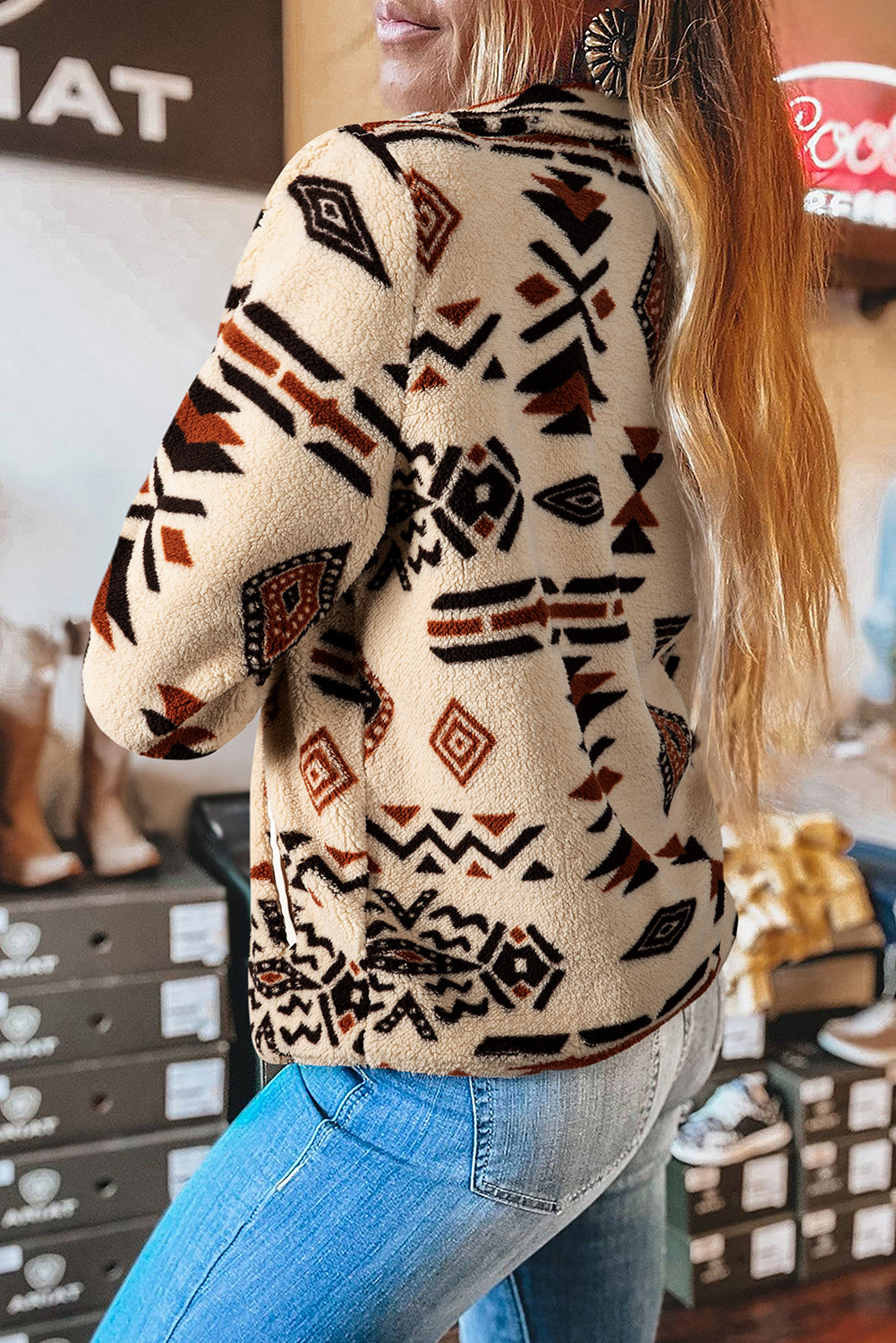 Khaki Western Aztec Half Placket Plush Sweatshirt