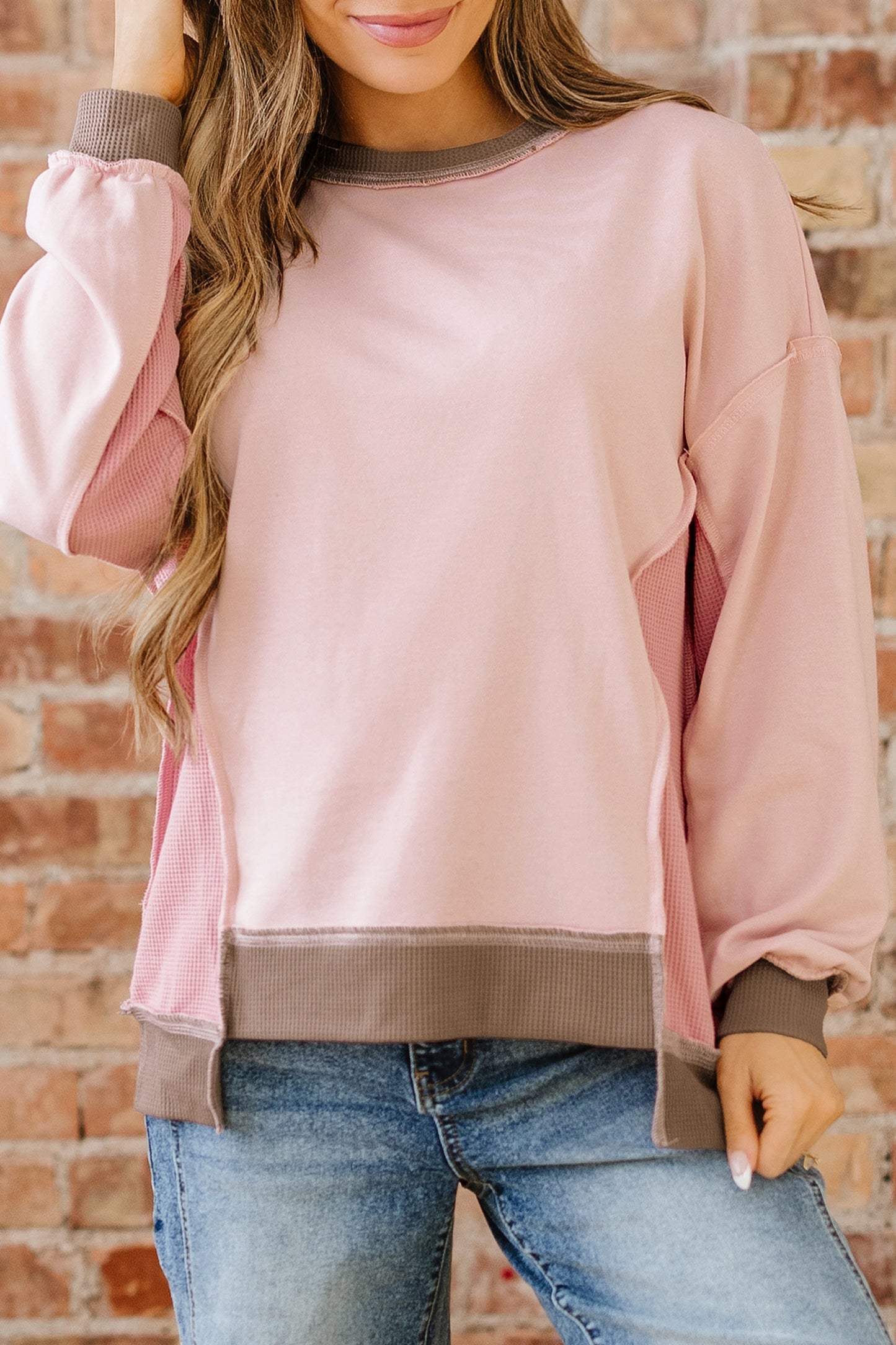 Light Pink Color Block Mix Texture Waffle Patchwork Oversize Sweatshirt
