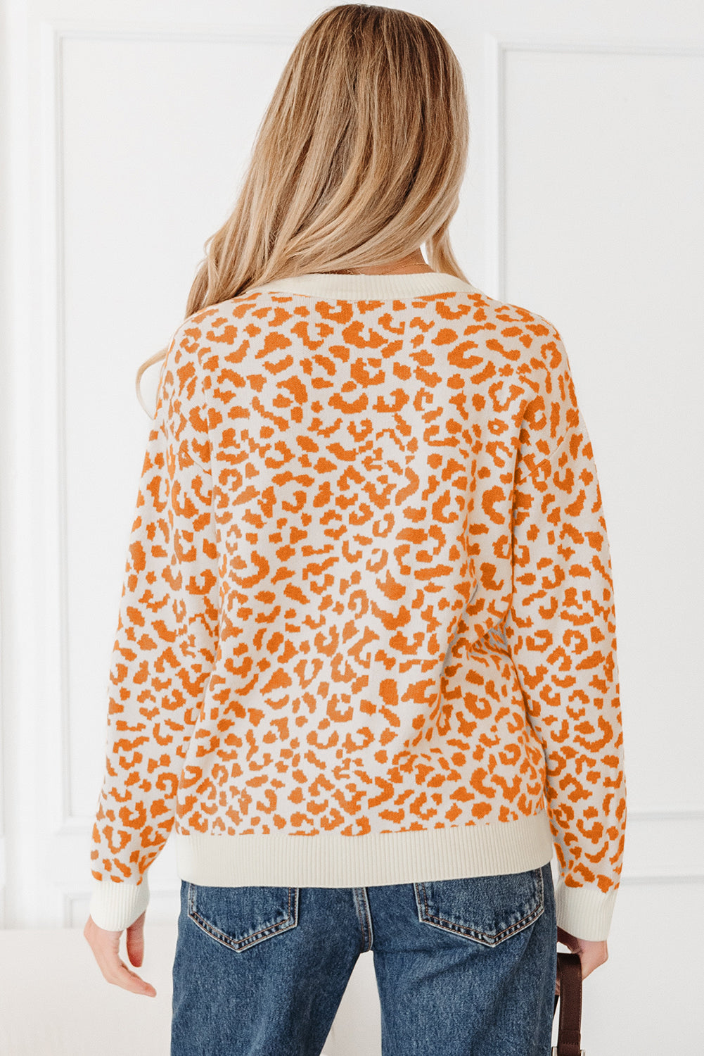 Orange Leopard Drop Shoulder Chunky Knitted Cardigan Sweater