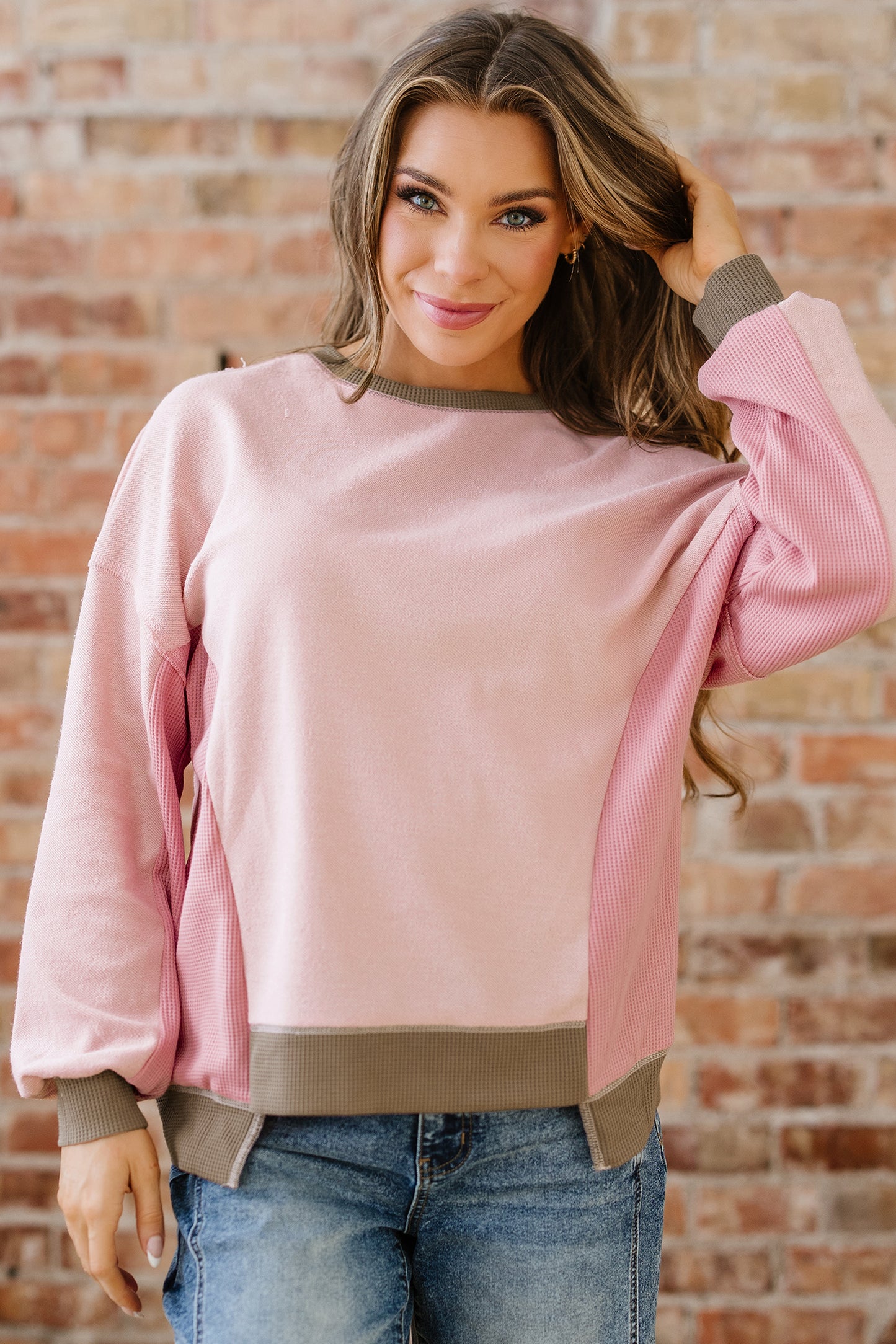 Light Pink Color Block Mix Texture Waffle Patchwork Oversize Sweatshirt