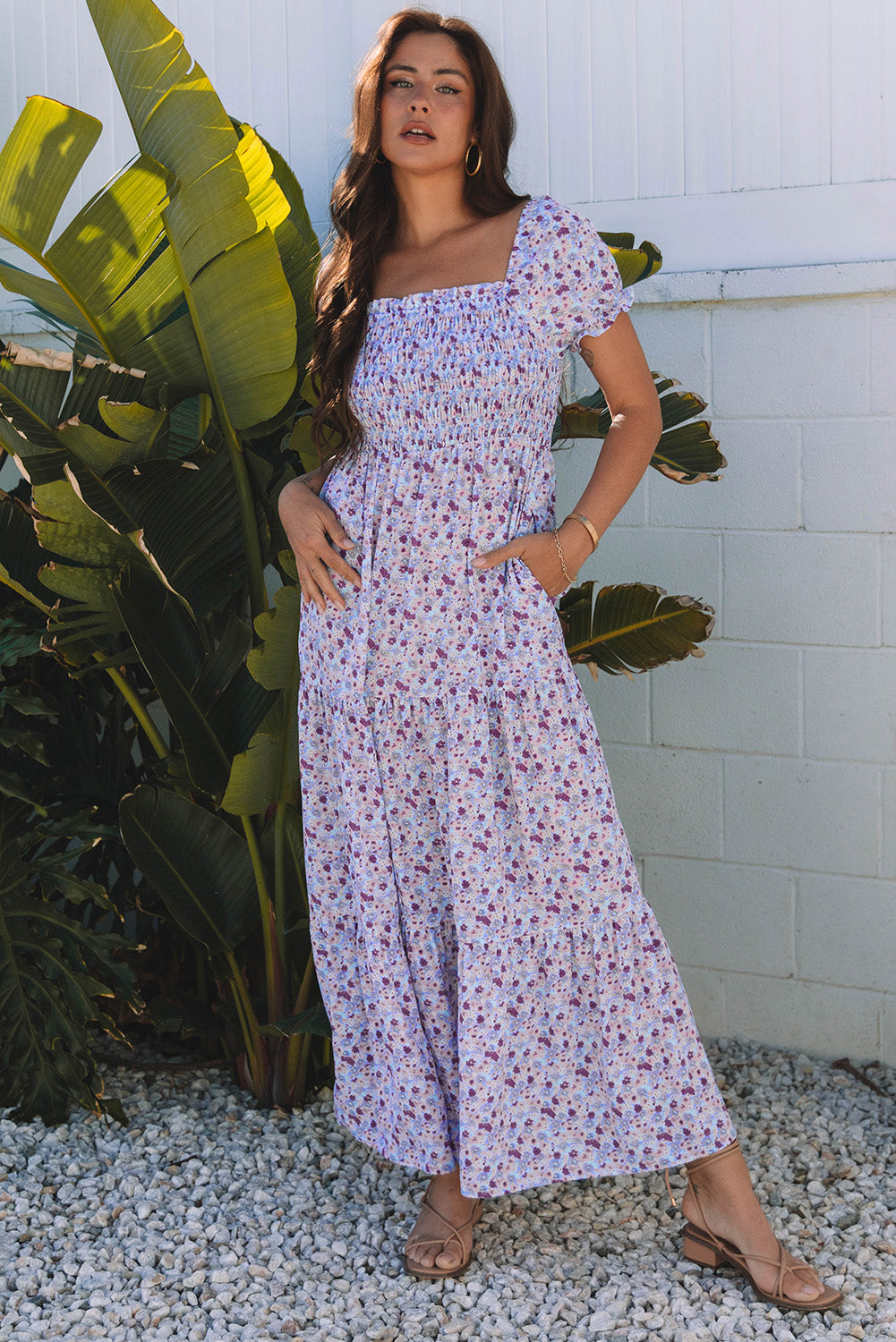Purple Floral Short Bubble Sleeve Shirred High Waist Maxi Dress