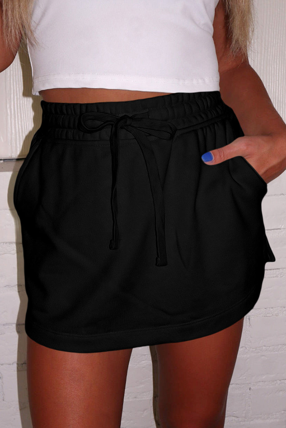 Light Grey French Terry Drawstring Elastic Waistband Mini Skort with Pockets