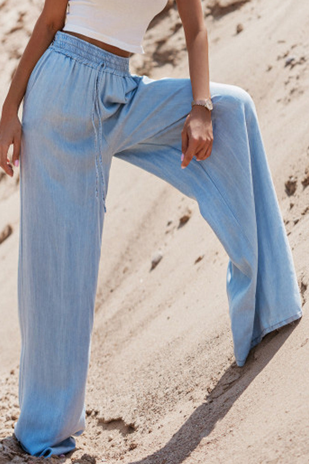 Myosotis Drawstring Elastic Waistband Wide Leg Denim Pants