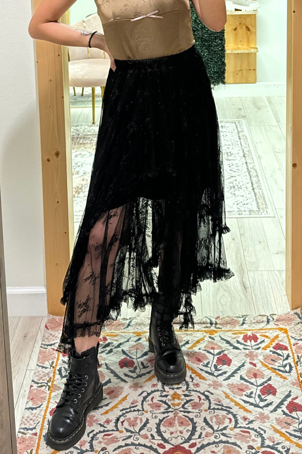 Black Lace Cascading Tiered High Waist Maxi Skirt