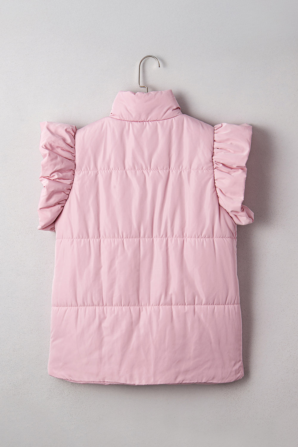 Pink Stand Neck Flutter Sleeve Snap Button Puffer Vest