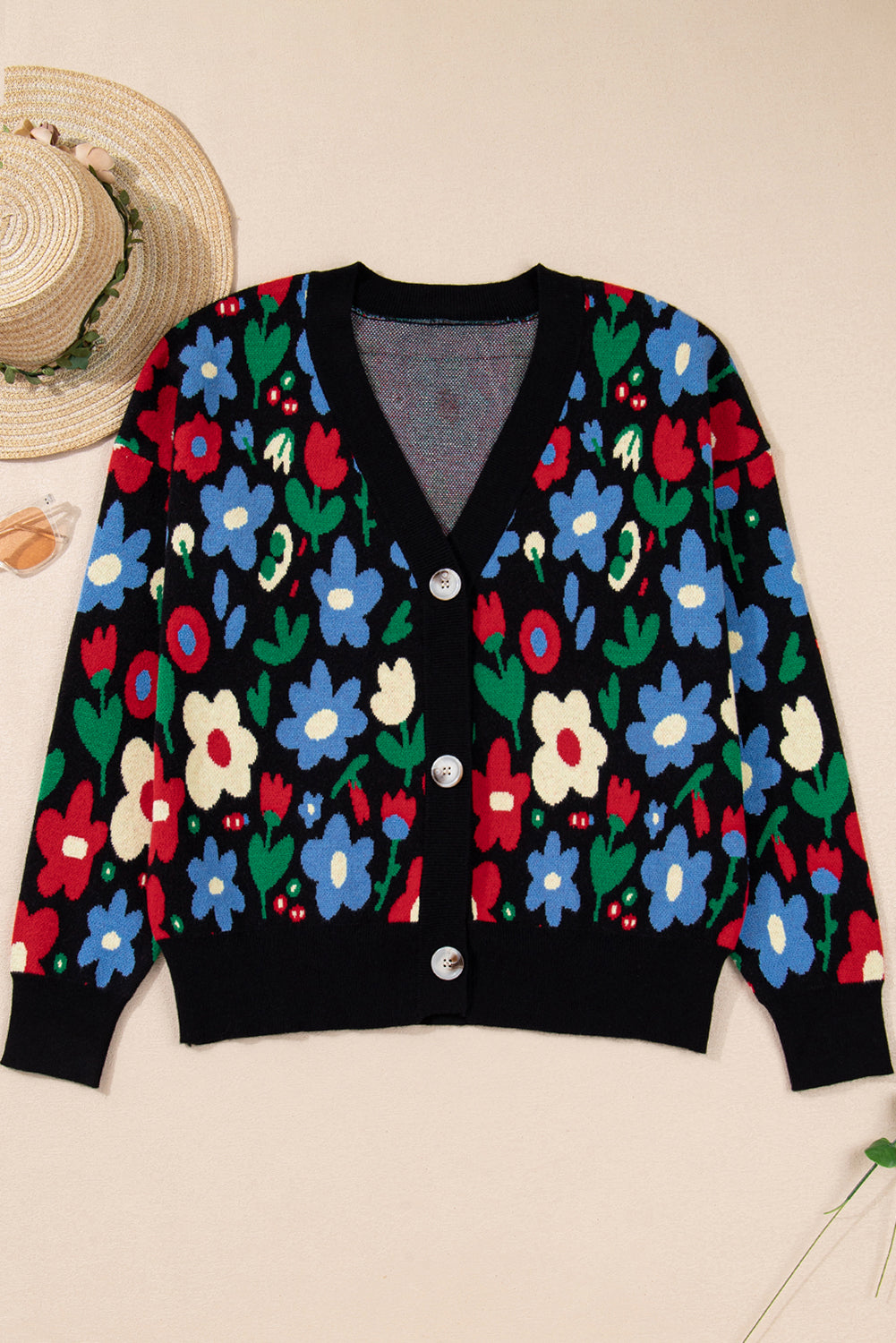Black Floral Print V Neck Buttoned Short Cardigan Sweater