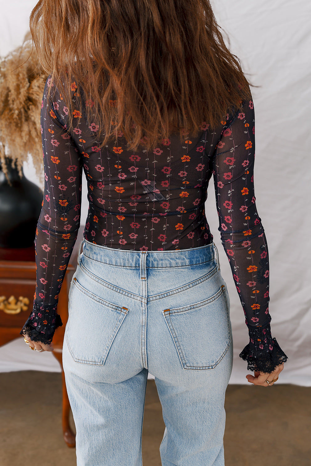 Black Floral Print Smocked Cuff Slim Fit Mesh Bodysuit