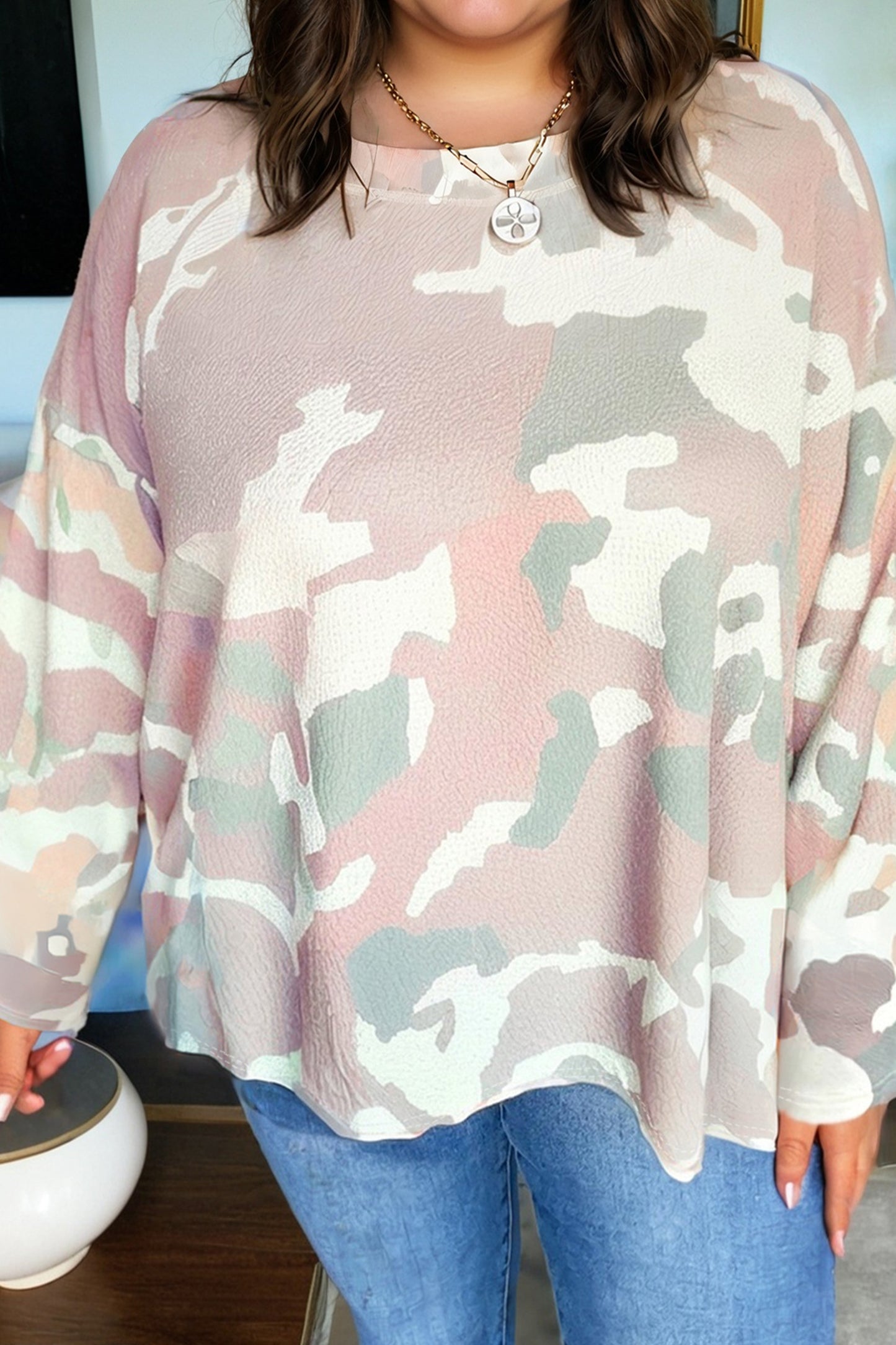 Green Plus Size Camouflage Print Drop Shoulder Loose Pullover Top