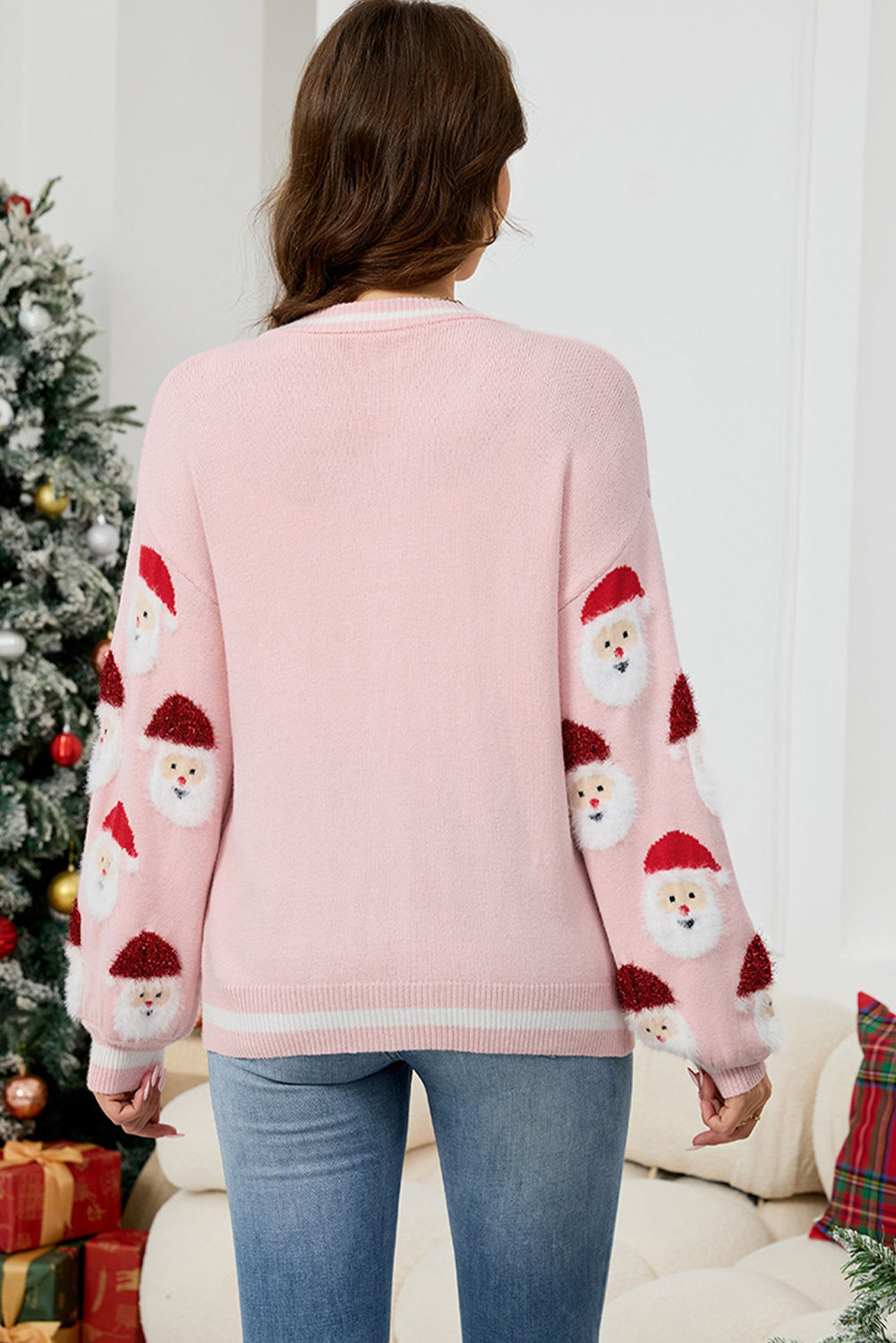 Pink Christmas Santa Claus Pattern Button V Neck Sweater Cardigan