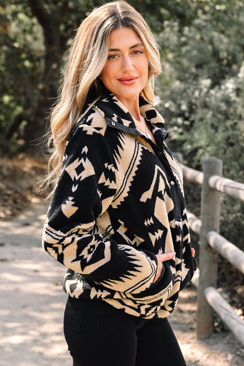 Khaki Western Aztec Half Placket Plush Sweatshirt