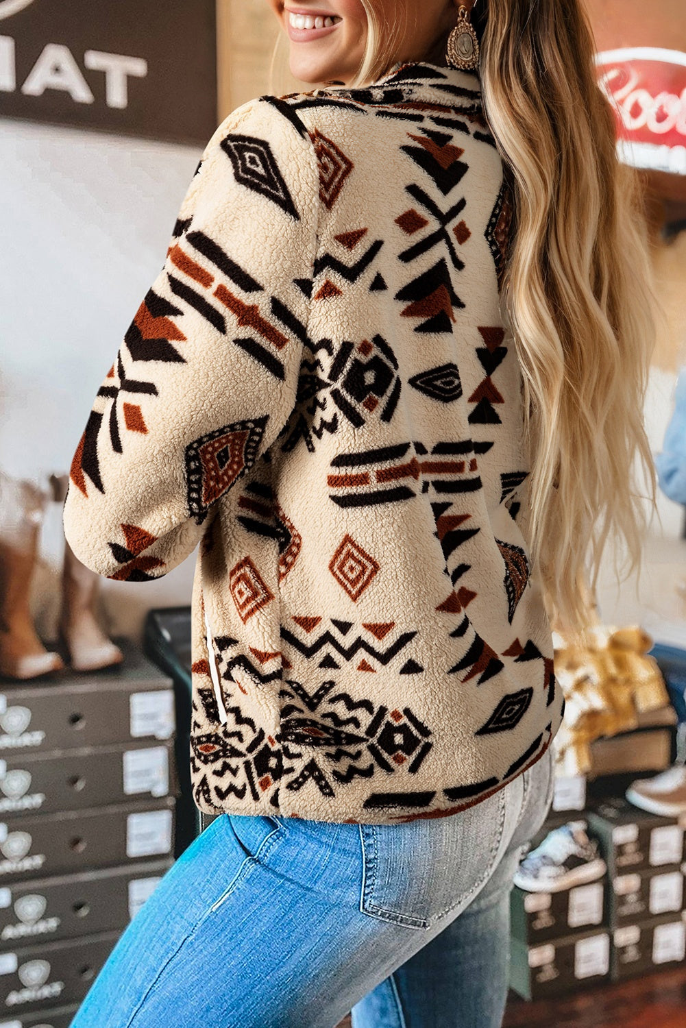 Khaki Western Aztec Half Placket Plush Sweatshirt