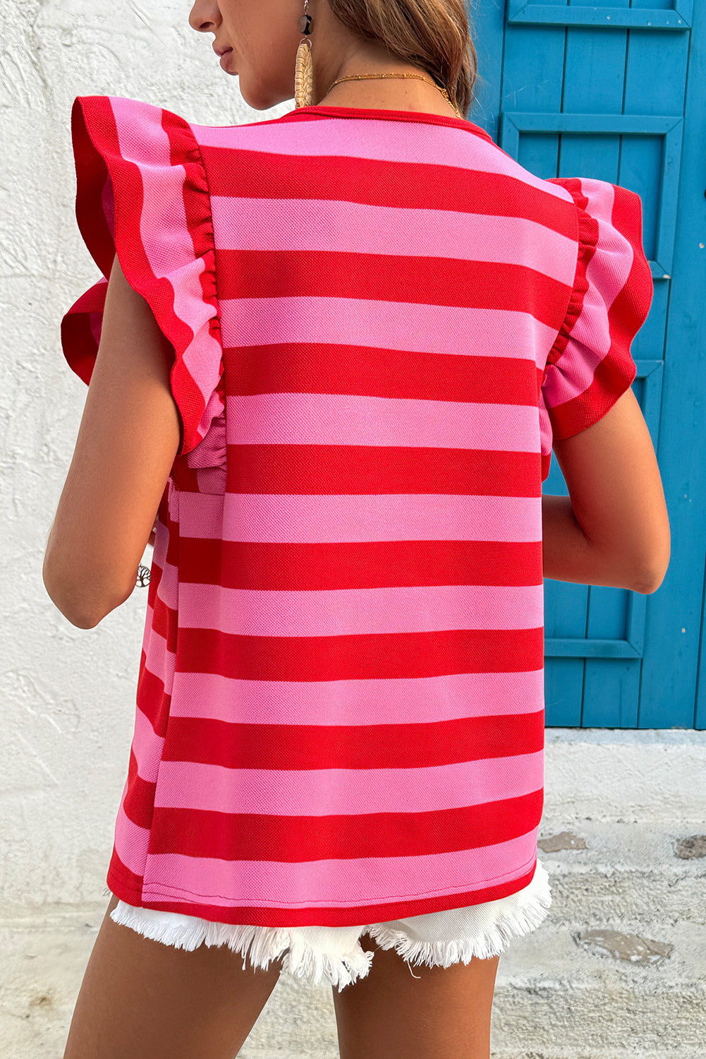 Black Stripe Flutter Sleeve Round Neck T Shirt