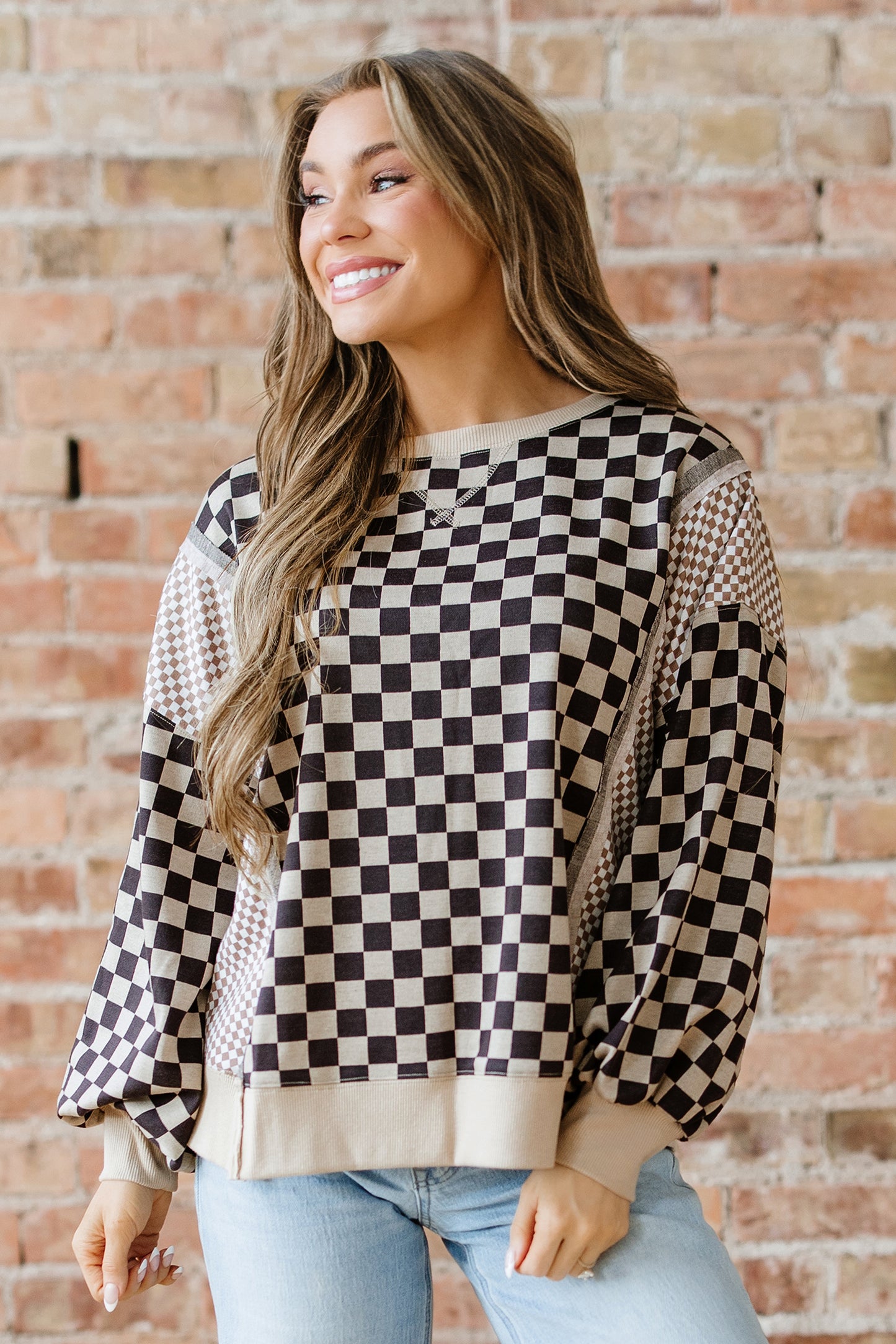 Khaki Mixed Checkered Pattern Patchwork High Low Casual Top