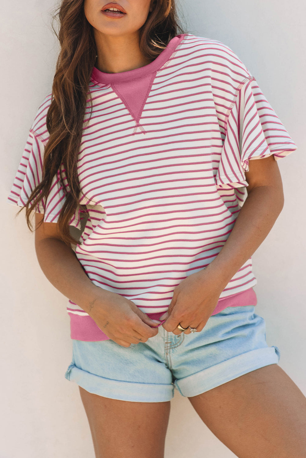 Sachet Pink Contrast Detail Striped Ruffle Short Sleeve Top