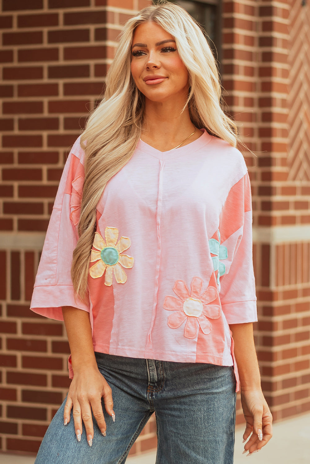 Light Blue Flower Patched Exposed Seam Bracelet Sleeve Oversized T Shirt