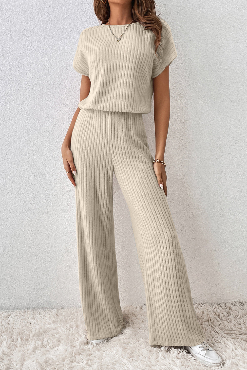 Mist Green Ribbed Keyhole Short Sleeve Wide Leg Jumpsuit