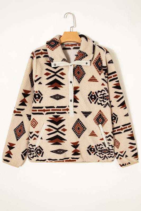 Khaki Western Aztec Half Placket Plush Sweatshirt