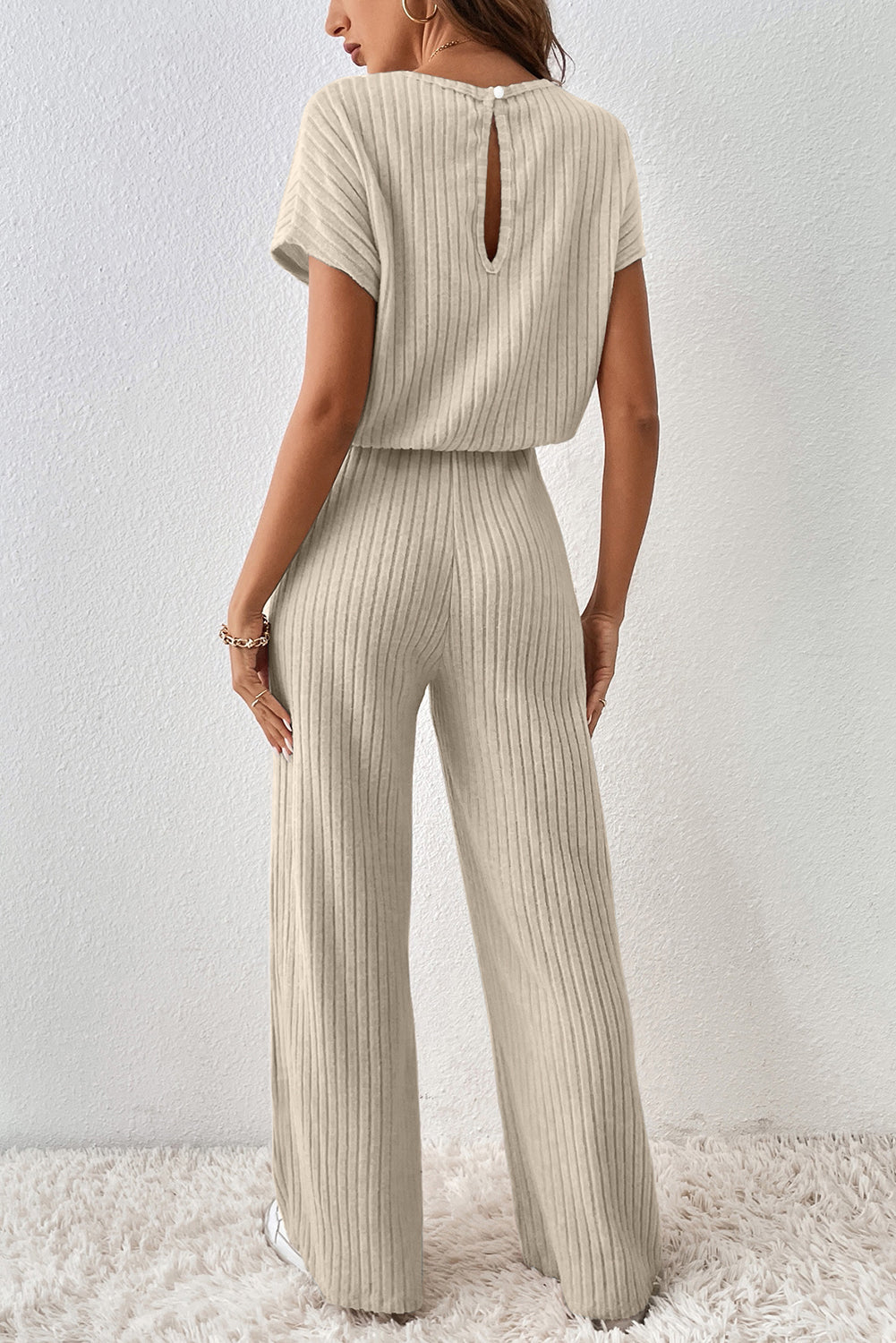 Mist Green Ribbed Keyhole Short Sleeve Wide Leg Jumpsuit