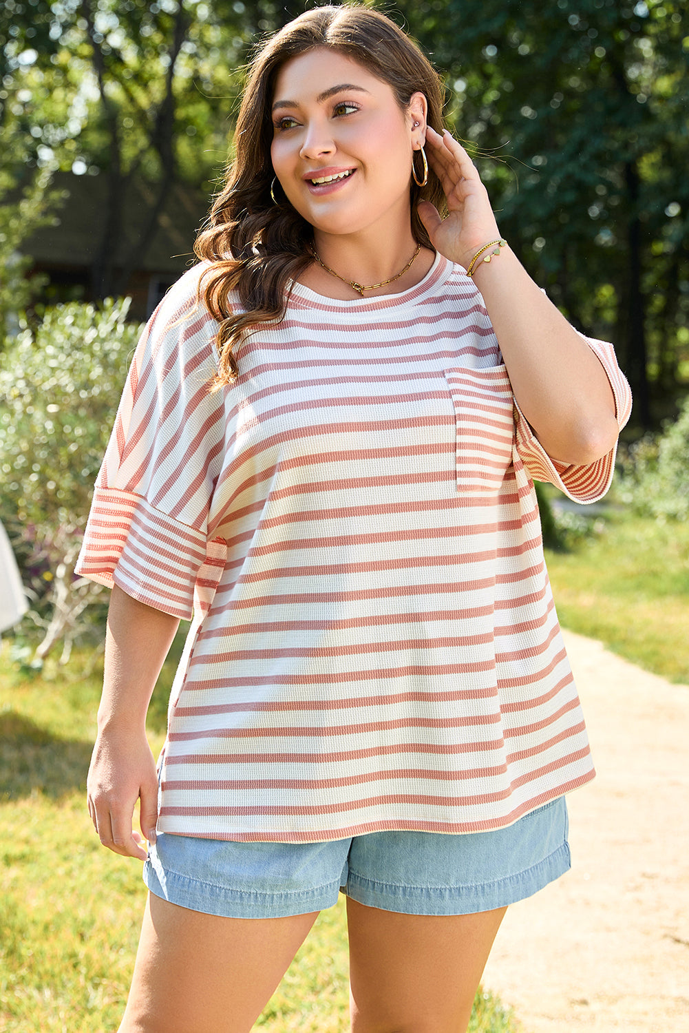 Pink Stripe Waffle Knit Pocketed Half Sleeve Plus Size T Shirt