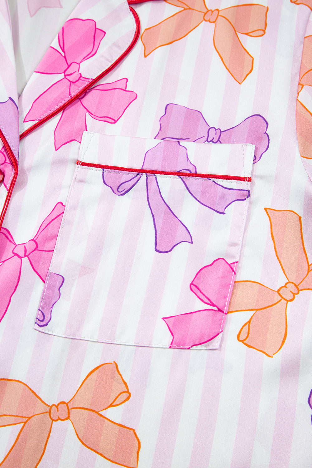 Pink Striped Bow Print Contrast Piping Trim Shirt and Pants 2pcs Pajama Set