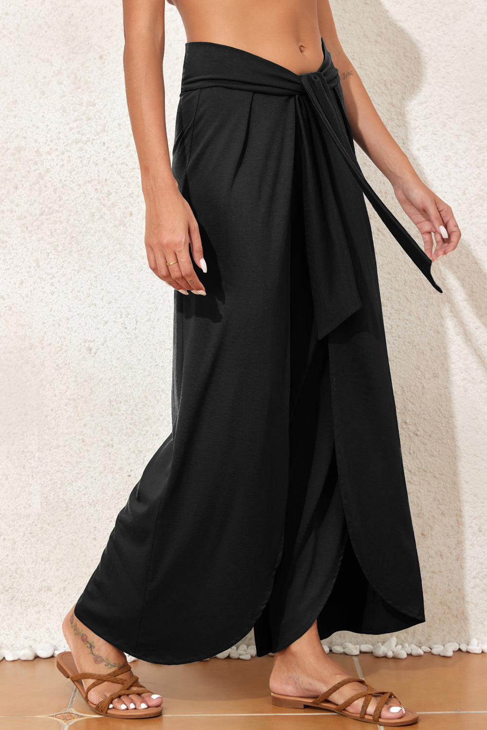 Bonbon Knotted Drop Waist Split Leg Relaxed Pants
