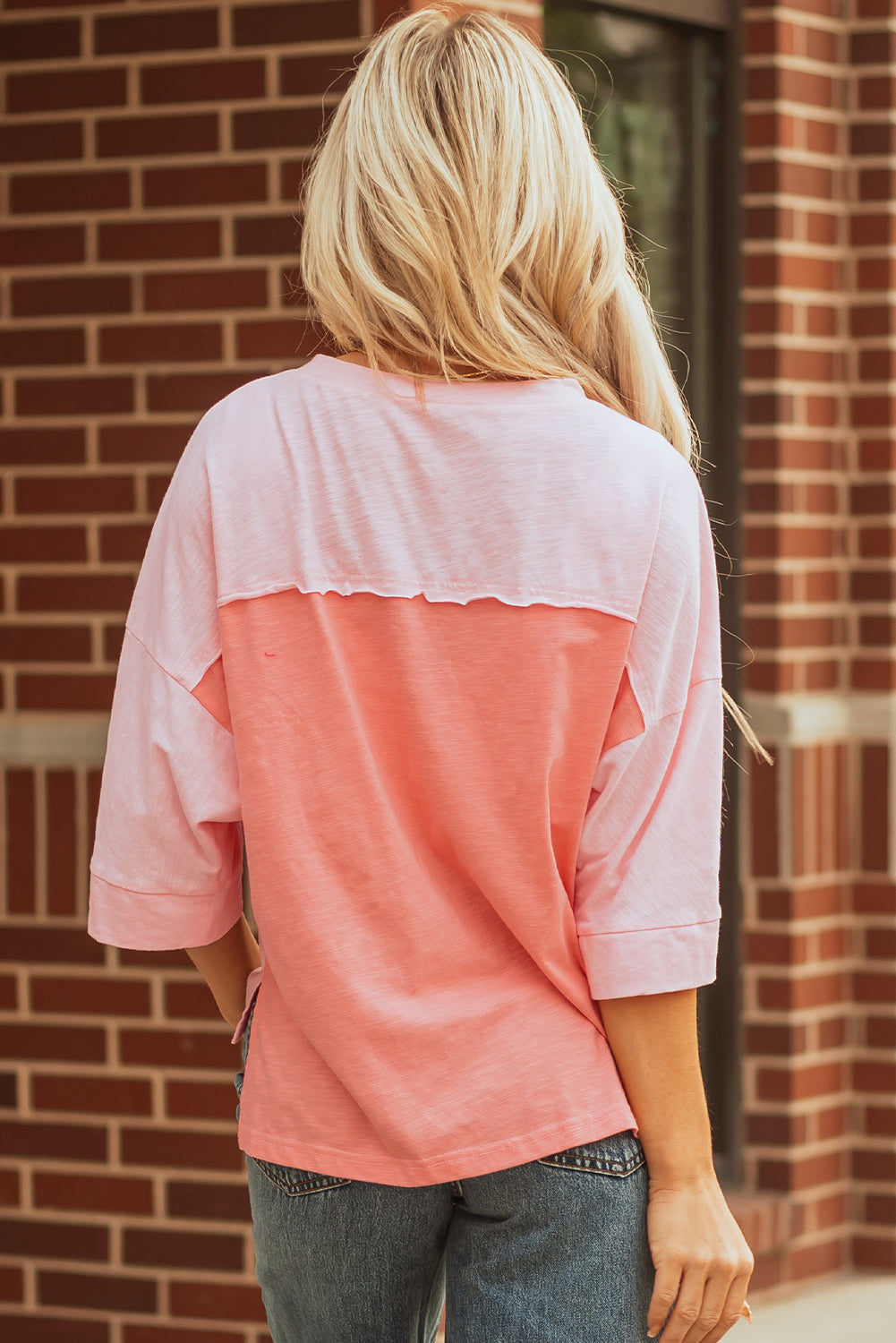 Light Blue Flower Patched Exposed Seam Bracelet Sleeve Oversized T Shirt