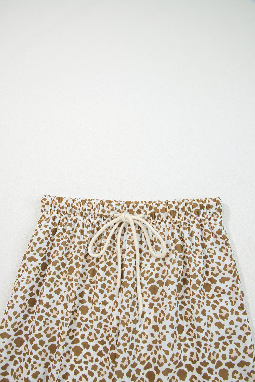 Khaki Leopard Drawstring Elastic Waistband Loose Pants