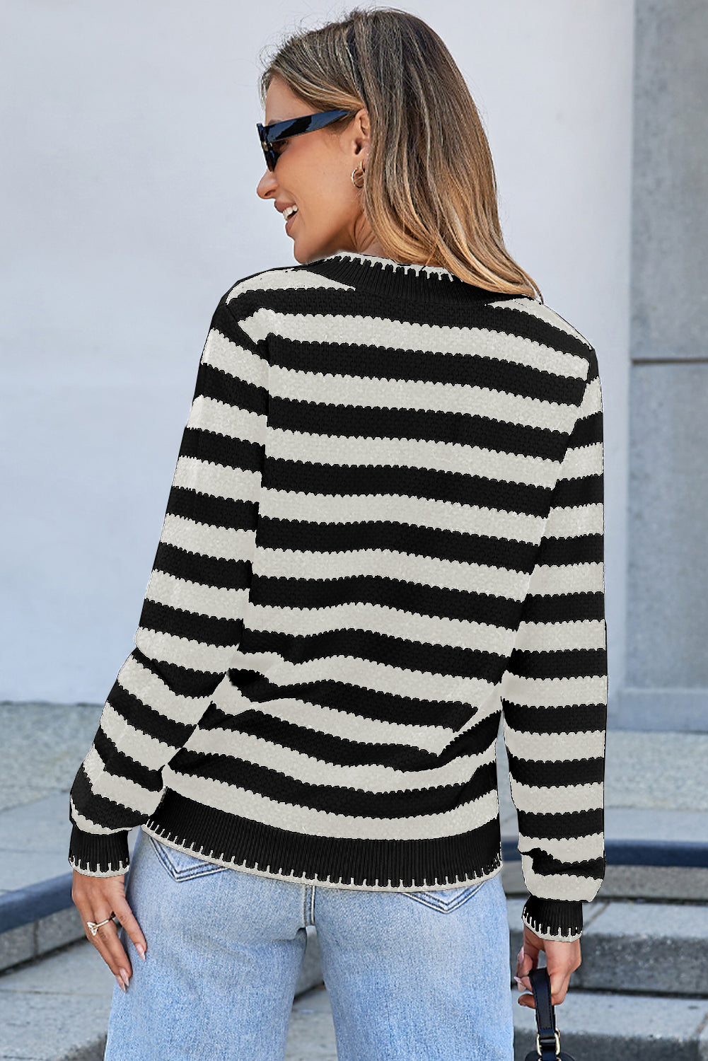 Black Stripe Chic Golden Button Cardigan Sweater
