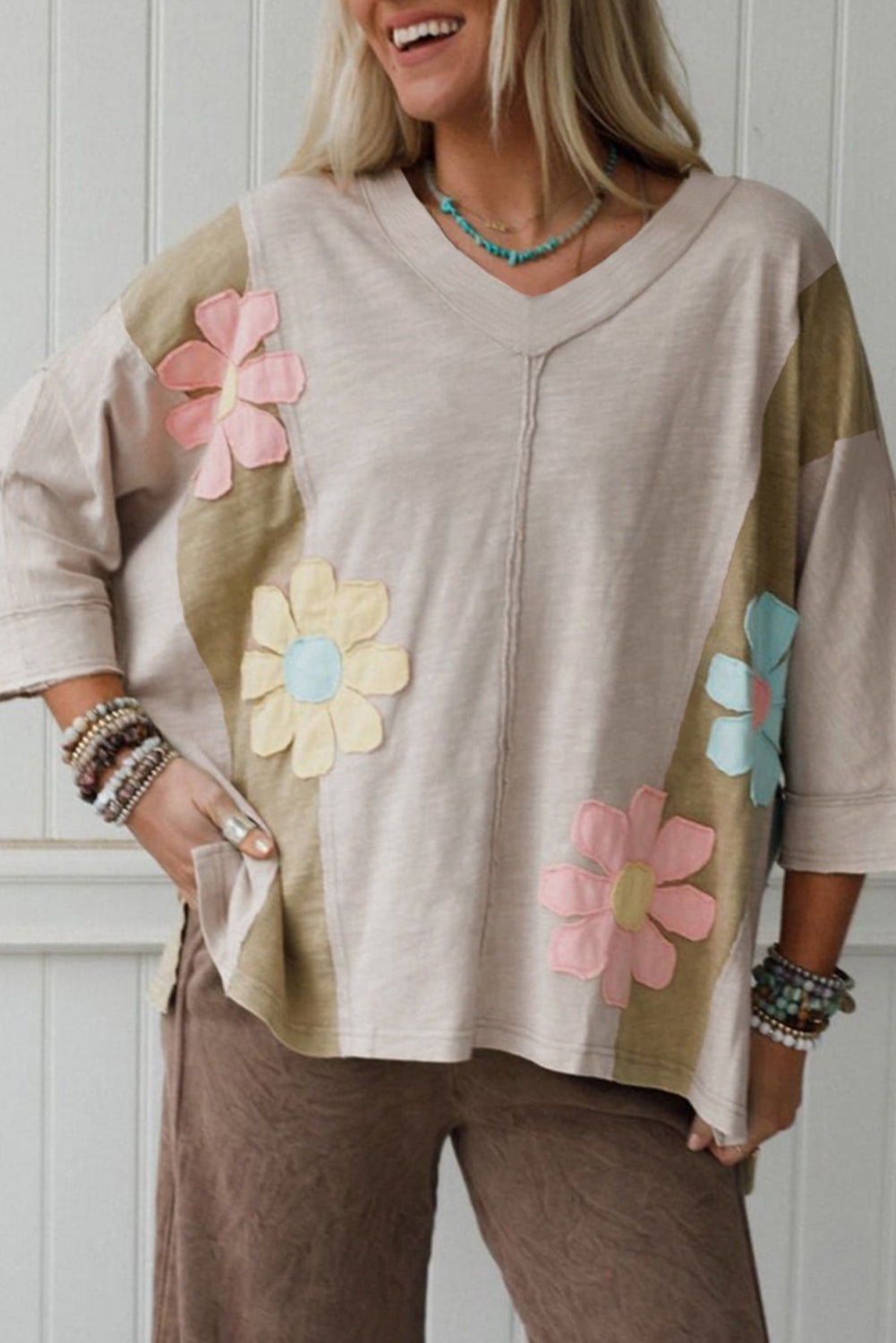 Light Blue Flower Patched Exposed Seam Bracelet Sleeve Oversized T Shirt