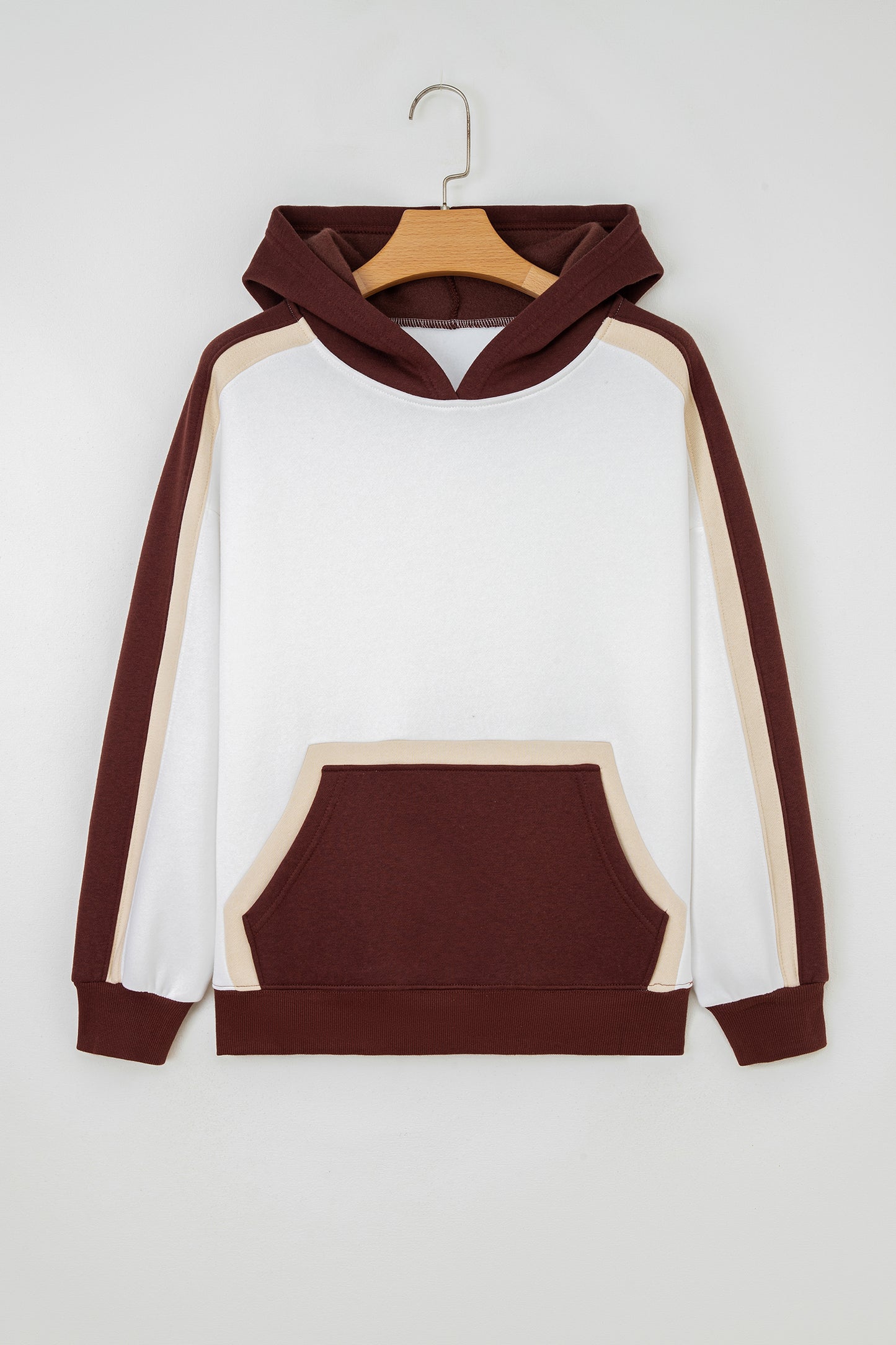 Coffee Color Block Patchwork Athleisure Hooded Sweatshirt