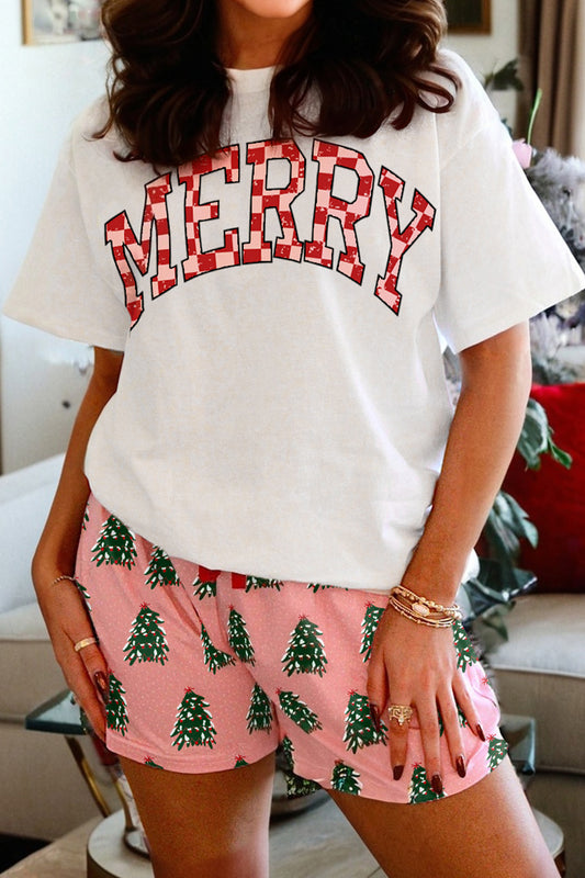 Pink Checkered MERRY Graphic Christmas Tree Print Short Lounge Set