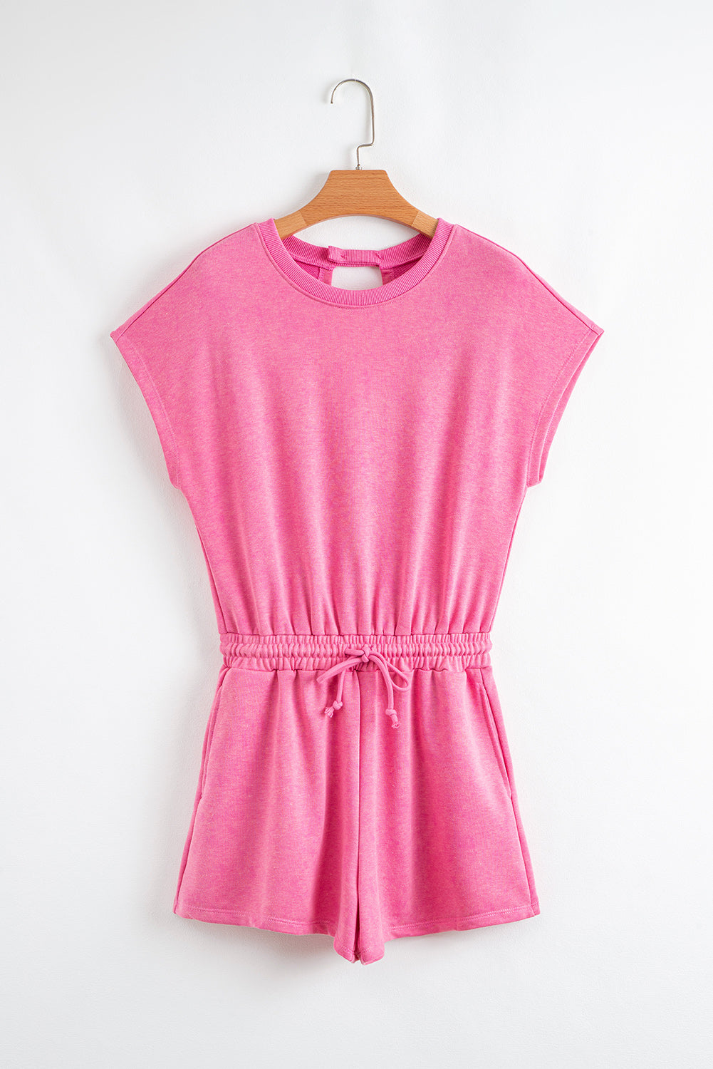 Mist Blue Mineral Wash Drawstring Elastic Waistband Hollow Out Back Short Sleeve Romper