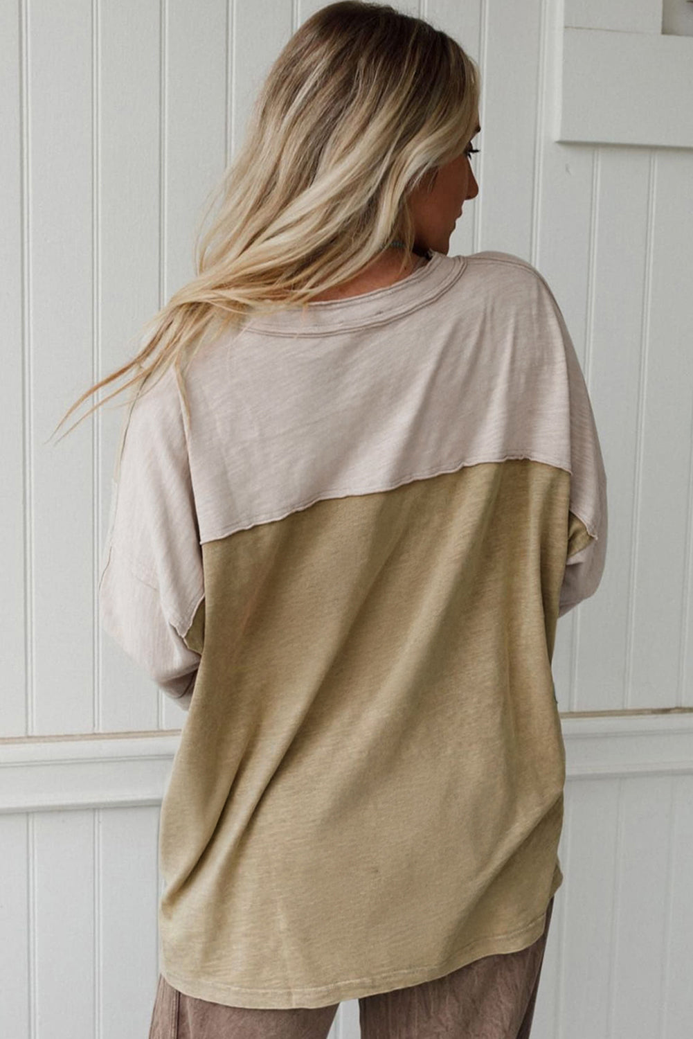 Light Blue Flower Patched Exposed Seam Bracelet Sleeve Oversized T Shirt