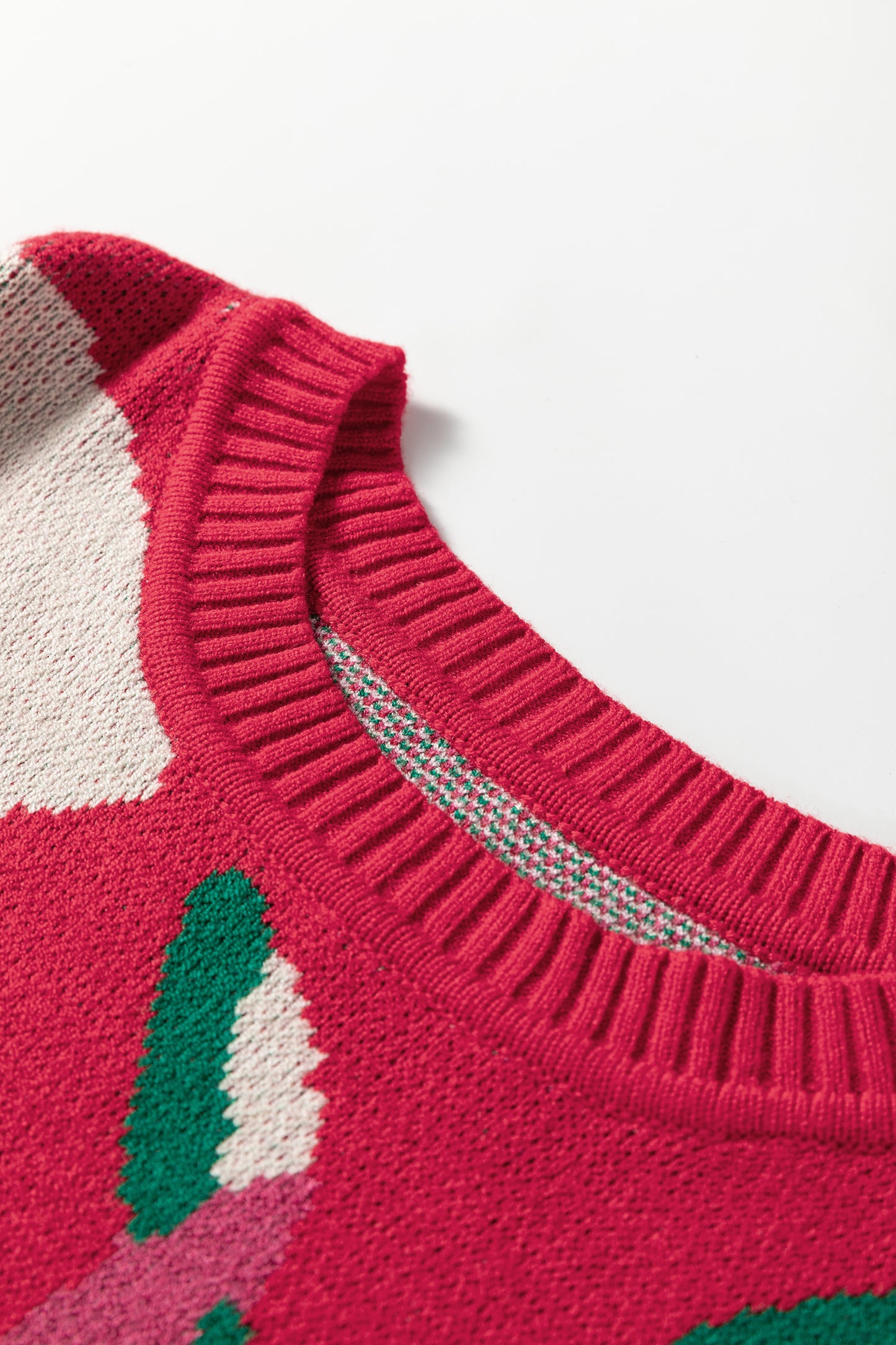 Red Floral Abstract Print Short Puff Sleeve Sweater