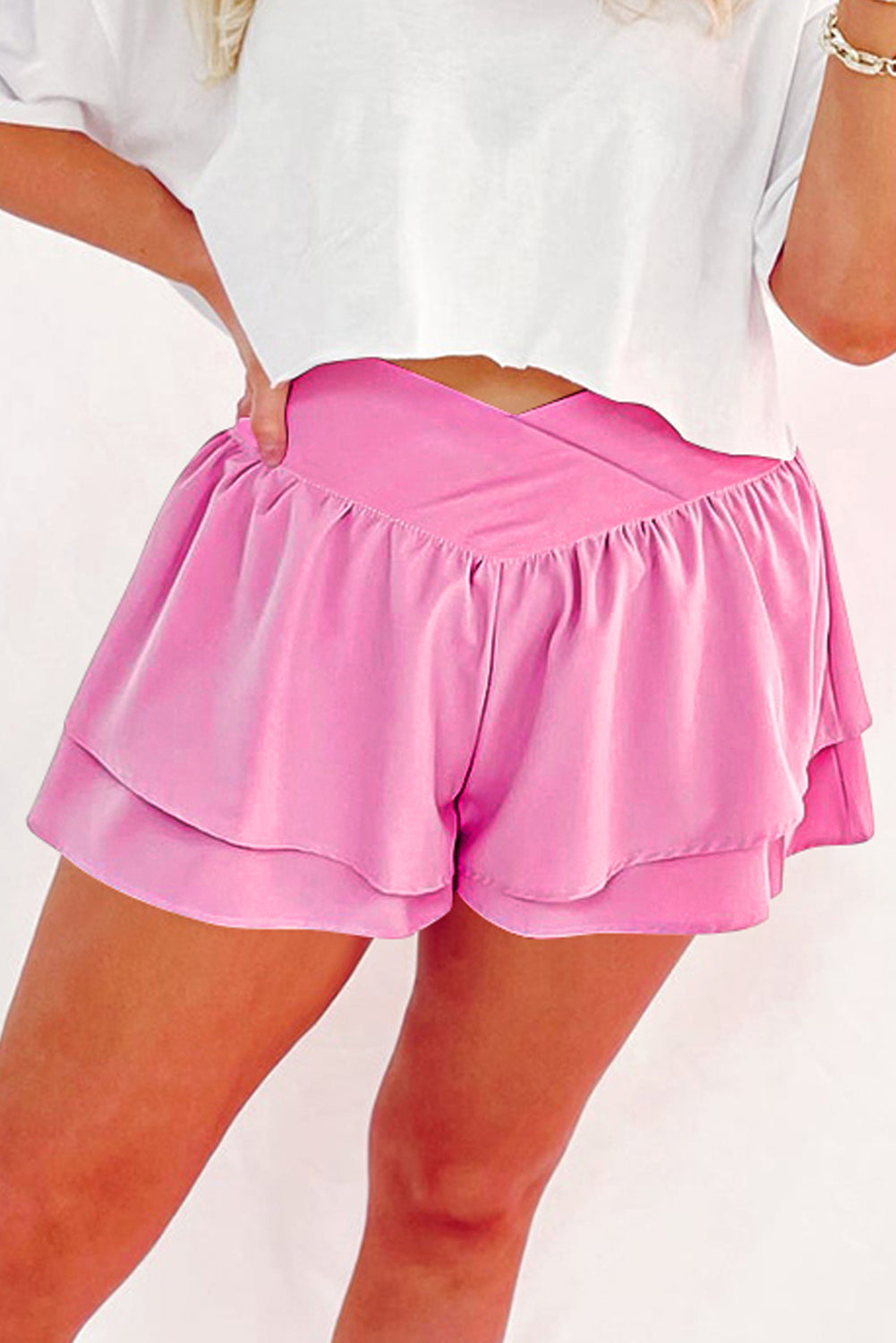 Black Crossed Waist Tiered Flowy Shorts